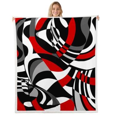 Imagem de Cobertor de cama listrado infantil meninas preto vermelho branco redemoinhos sherpa cobertor macio aconchegante leve arte abstrata pelúcia cobertor moderno simples presentes para sofá-cama, cadeira
