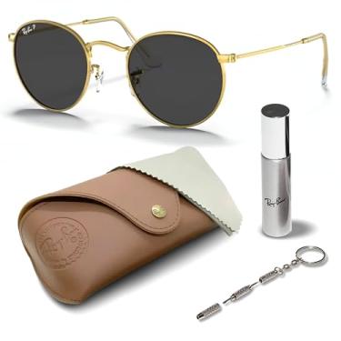 Imagem de Ray-Ban RB3447 Óculos de sol redondos polarizados metálicos com kit de óculos – protetores de nariz ajustáveis – Óculos de sol retrô formais e casuais ideais, Dourado (919648 | 53 mm) polarizado, 53
