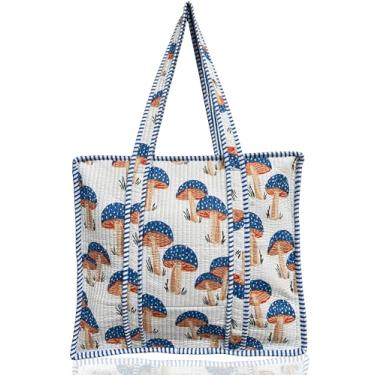 Imagem de Third Eye Export Bolsa feminina acolchoada de algodão estampada à mão – Bolsa feminina grande 45,7 x 40,6 cm, trabalho, laptop, viagem praia essencial (estampa de cogumelo Aria branca)