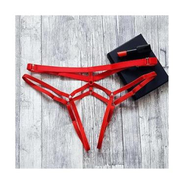 Imagem de OUFEIJIA Lingerie feminina sexy com corrente de renda aberta na virilha calcinha oca bandagem calcinha tanga feminina sem virilha calcinha transparente