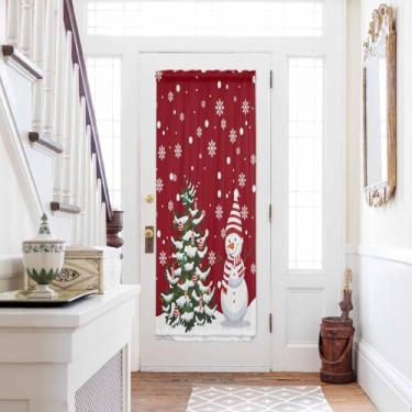 Imagem de Cortinas de porta francesa, árvore de Natal, boneco de neve, cortina de janela de Natal, filtro de luz, privacidade, painéis com amarração para porta frontal de pátio, vermelho floco de neve 63 x 182