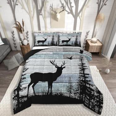 Imagem de Conjunto de cama ocidental para homens e mulheres, conjunto de edredom rústico de veado para meninos, adolescentes e crianças, cabana de fazenda, caça, tamanho king, pinheiros, rústico, listrado,