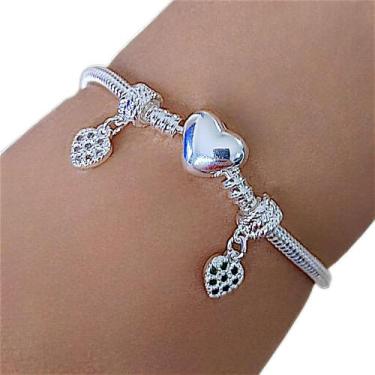 Imagem de Kit Pulseira Prata 925 Para Berloque e 2 Berloques de Coração - mymo j