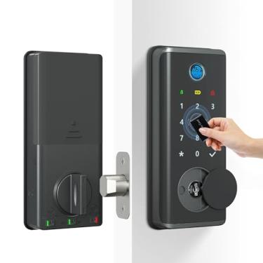 Imagem de KENRONE Fechadura de porta de entrada sem chave com impressão digital, fechadura de teclado de segurança com tela sensível ao toque, pode ser desbloqueada por chave, impressão digital, senha, cartão e