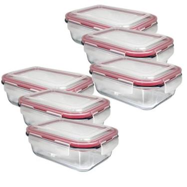 Imagem de Kit 6 Potes De Vidro Tampa Hermética Marmita Fit Colorido 370ml - CLIC