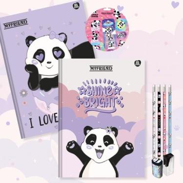 Imagem de Caderno Brochura Capa Dura Grande Panda Ursinho 2un 80 fls + Kit Escol