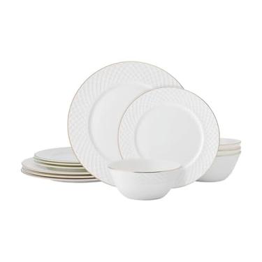 Imagem de Mikasa Conjunto de louça Trellis Gold Rim Bone China, leve, resistente a lascas, 12 peças, serviço para 4 pessoas