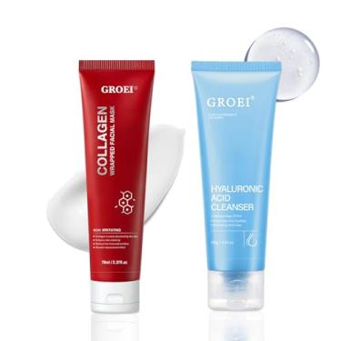 Imagem de 2 peças de máscara de envolvimento de colágeno e conjunto de limpeza profunda de espuma suave hidratante, lavagem facial diária hidratante, controle de óleo, máscara facial removível de envolvimento