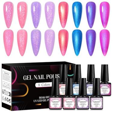 Imagem de Four Lily Conjunto de esmalte de gel de base de borracha, brocado, rosa, roxo, base de gel em uma garrafa, gel rígido de extensão azul perolado, 8 cores curadas para unhas em casa, salão de beleza