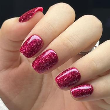 Imagem de RTKHFZE Unhas curtas de pressão – unhas quadradas, unhas falsas de gel macio vermelho com purpurinas finas, extremamente ajustado e prensado natural em unhas postiças, cola reutilizável em 16 tamanhos