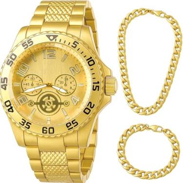 Imagem de Relogio banhado aco masculino + corrente grumet + pulseira original social cordao presente