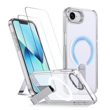 Imagem de Capa para iPhone 16e Capinha - Compatível com MagSafe, com protetor de ecrã temperado de 2 peças, estojo ultrafino resistente a choques e quedas com suporte ajustável - Transparente