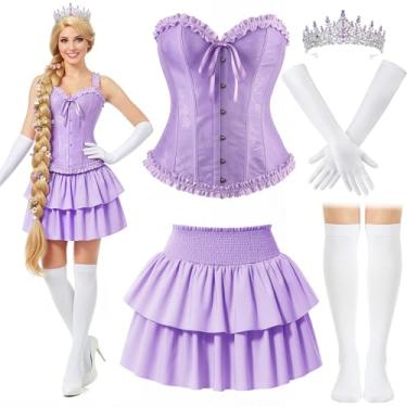 Imagem de JaGely 5 peças de vestido de fantasia de princesa para adultos, vestido de festa de Halloween, corpa, luva, meia e saia de princesa, Roxa, Small