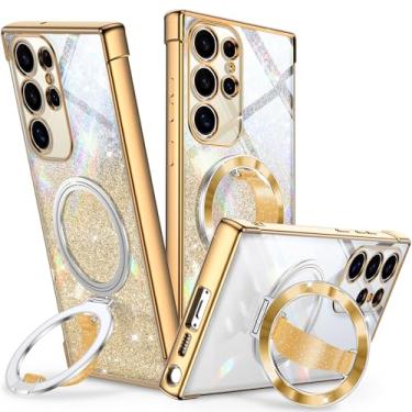 Imagem de Silverback Capa Para Samsung Galaxy S24 Ultra Com Aderência De Silicone Macio E Suporte Anel Vedação Compatível Magsafe, Protetora Brilhante Mulheres Meninas, Dourada Glitter