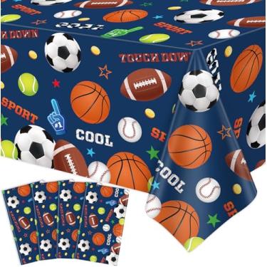Imagem de Pacote com 4 toalhas de mesa esportivas para decoração de festa esportiva temática de aniversário, futebol, basquete, beisebol, para meninos, todas as estrelas, artigos de festa temáticos, 129,5 x