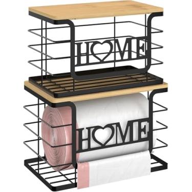 Imagem de Dispensador de saco de lixo, organizadores de sacos de lixo AUVAHOX com parte superior de bambu, suporte de parede com gancho adesivo, suporte de armazenamento perfeito para armário, embaixo da pia