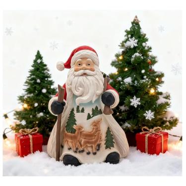 Imagem de Fat Santa Claus Statue for Christmas - Handmade Santa Clause Decorations with Cane and Gift Bag, Christmas Figurines Home Decor for Mantle, Bookshelf, Nativity Tabletop, Holiday Decorations, 8.5”H