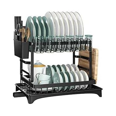 Imagem de Escorredor de Louça 2 Andares Inox Preto Com Saida de Água – Suporte para Copos, Pratos, Talheres e Tábua - BSMIX