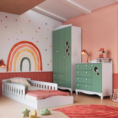 Imagem de Quarto Infantil Completo Aquarela 4 Portas 6 Gavetas Branco/Verde - Pnr Móveis