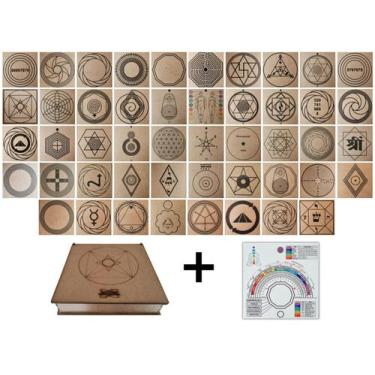 Imagem de Kit Caixa + 48 Gráficos Radiestesia MDF Cru 20x20cm 3mm + Relógio Pran