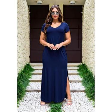 Imagem de Vestido Longo Maxi Com Manga E Bolso Barra Oval - luh may, Marinho, M