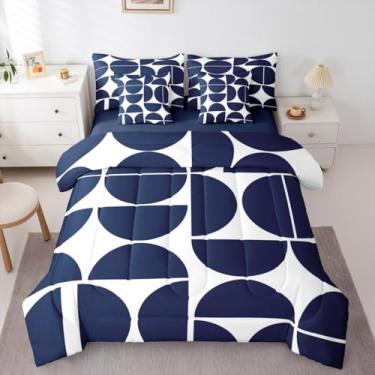Imagem de Erosebridal Conjunto de edredom retrô de meados do século, solteiro, azul, vintage, boêmio, para crianças e adultos, geométrico, abstrato, geométrico, colorido, moderno, conjunto de cama