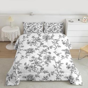 Imagem de Conjunto de edredom Queen com flores rústicas, vintage botânico, preto e branco, para quarto de adultos, conjunto de colcha de estética clássica, 3 peças, enchimento de edredom com folhas de flores, 2
