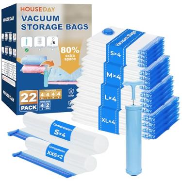 Imagem de HOUSE DAY Pacote com 22 sacos de armazenamento a vácuo com bomba, sacos de vedação a vácuo que economizam espaço para roupas de viagem, 4 Jumbo/4 grandes/4 médio/4 pequeno, 4S Roll/2XXS Roll Bags
