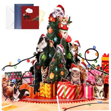 Imagem de JMHACHY Cartões pop-up de Natal de gato, lindos cartões de Natal com envelopes e nota em branco, presentes de feliz natal 3D para esposa marido, mãe, filhos 2025, cartão de felicitações fofo com
