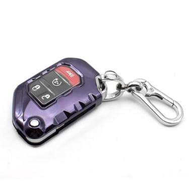 Imagem de Compatível com Jeep Gladiator JT Sahara JLU Wrangler JL JLU Rubicon TPU 2021 2020 2019 2018 Capa para controle remoto de chave de poliuretano termoplástico, protetor de luva para entrada sem chave, com chaveiro, roxo