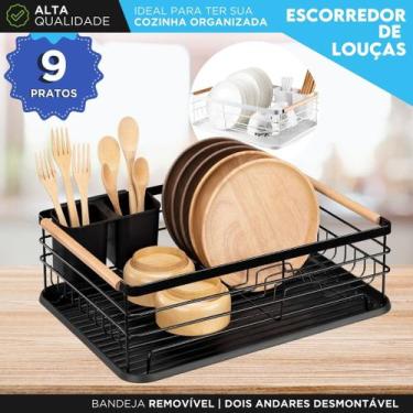 Imagem de Escorredor de Louças em Aço Inox com Alça de Madeira Bandeja Removível