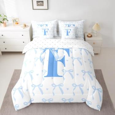 Imagem de jejeloiu Lindo conjunto de edredom infantil com laço azul e lençol casal com monograma, 7 peças, letra F, cama em uma bolsa, lindo laço de coquete, decoração de quarto