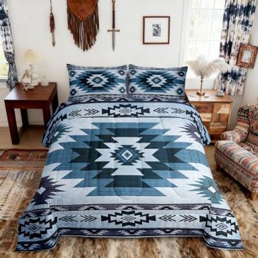 Imagem de Conjunto de cama solteiro azul boêmio, xadrez, tribal, étnico, retrô, para crianças, adolescentes e adultos, conjunto de edredom com listras geométricas retrô roxo e 1 fronha