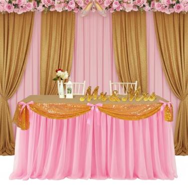 Imagem de Windkream 5 peças de toalha de mesa rosa tema princesa azul e prata tule saia de mesa 76 x 272 cm capa de mesa rosa para decoração de festa de aniversário suprimentos