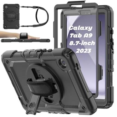 Imagem de Capa para tablet Samsung Galaxy Tab A9 22.1 cm 2023 [com película de vidro temperado], capa BASE MALL resistente à prova de choque, suporte giratório, suporte para caneta S, alça de mão/ombro para A9