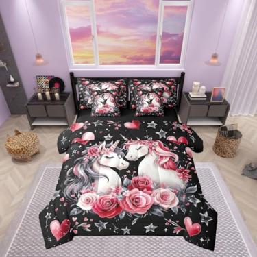 Imagem de Jogo de cama casal de unicórnio com desenho animado, 7 peças, rosa e unicórnio, para decoração de quarto de crianças, meninas, meninos, lençol de cima com elástico, 2 fronhas, preto