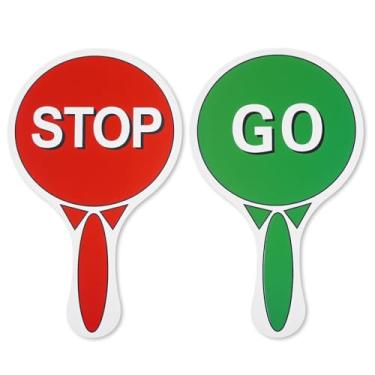 Imagem de Xindojuz Pacote com 2 placas Stop an Go com alça, 25 x 15 cm, placa de bloqueio de travessia portátil de plástico de 25 x 15 cm, sinais de trânsito de mão dupla face, vermelho claro, verde, para