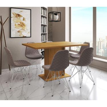 Imagem de Mesa Jantar Londres Retangular Canela 137X90Cm 6 Cadeiras Estofadas Nude Médio Ferro Branco