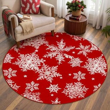 Imagem de PureCozy Tapete redondo de 0,9 m vermelho para entrada de Natal tapete circular 3x3 tapete circular floco de neve interior cozinha lavável tapete de porta tapete de sala de estar decorativo decoração