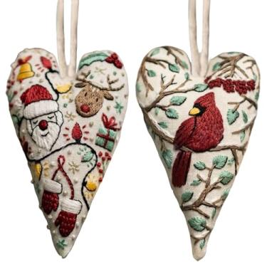 Imagem de Enfeite de Natal bordado em forma de coração, kit de decoração de pendurar cardeal papai noel, 2 peças, decoração de árvore de inverno