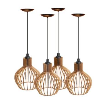 Imagem de Kit 04 Pendente De Teto Madeira Cor Natural Decorativo Para Iluminação