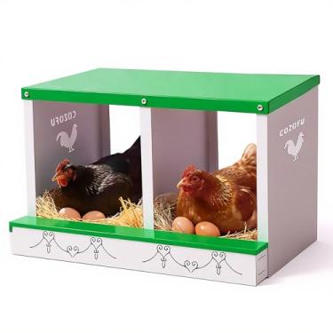 Imagem de COZOFU Caixa de assentamento de galinha com 2 furos para galinhas poedeiras - coleta automática de ovos, caixas de encaixe de metal resistente com poleiro giratório para galinheiros, caixa de ninho de