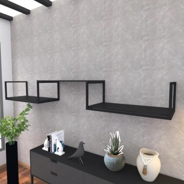 Imagem de Prateleira Industrial Suspensa Estante Parede Nicho Preto Ferro E Madeira Suporte Pratileira