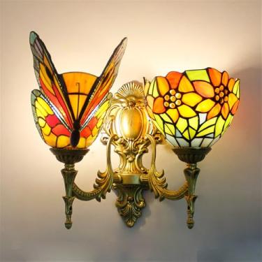 Imagem de Luminária de parede retrô americana LED estilo europeu de luxo para sala de estar, quarto, escritório, casa de campo, hotel, restaurante, café, bar, corredor, com vidro colorido (Estilo 21)