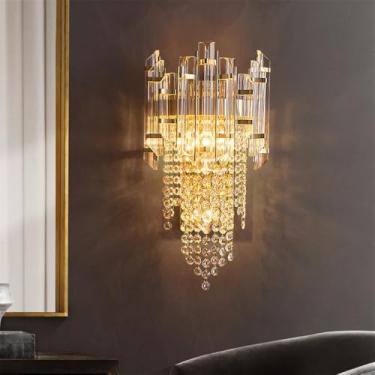 Imagem de Luminária de parede moderna e luxuosa em cristal com LED, ideal para sala de estar, quarto, cabeceira, casa de campo, hotel, escritório, escada e corredor (Estilo 1 D24H42CM)