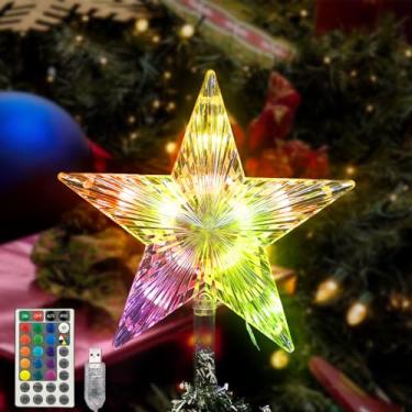 Imagem de FOYOTO Árvore de Natal, estrela de topo de árvore de Natal, 24 cm, multicolorida, iluminada por LED, com controle remoto, alimentado por USB para decoração de festa de Natal, presente para uso