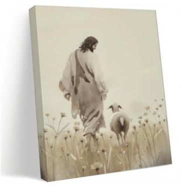 Imagem de Arte de parede em tela de Jesus, Jesus e ovelhas perdidas em um campo de flores silvestres, pinturas de pastor cristão, obras de arte, histórias bíblicas, pôsteres para sala de estar, igreja