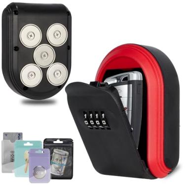 Imagem de Suporte magnético para chaves embaixo do carro, esconda uma chave do lado de fora com caixa de cadeado de combinação, cofre de código de segurança redefinível com 5 ímãs fortes, caixa magnética