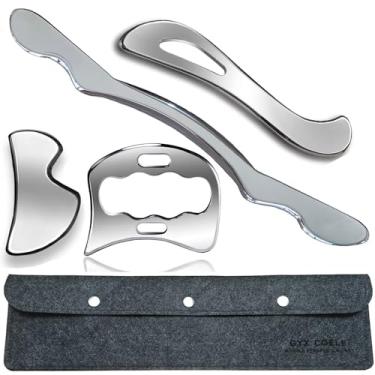 Imagem de GYX COELE Conjunto de ferramentas profissionais de raspador muscular de aço inoxidável, kit de 4 peças com capa, ferramentas de massagem de liberação miofascial e fisioterapia