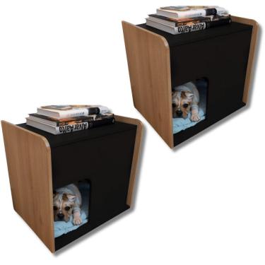 Imagem de Kit 2 Mesa De Cabeceira Cama Pet Cães 45x45x40 Preto E Amadeirado